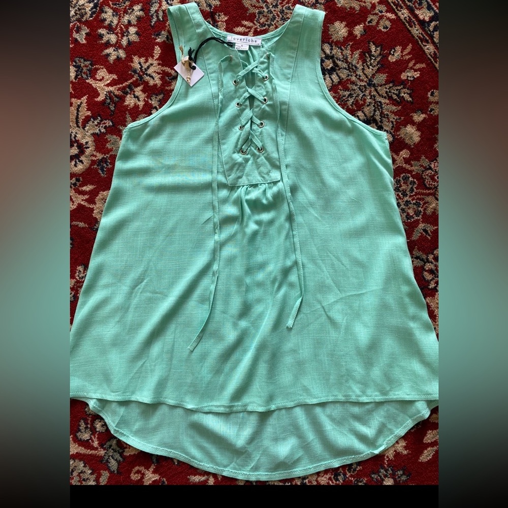 NWT Love Riche aqua linen blend lace up hi-low tank top size small